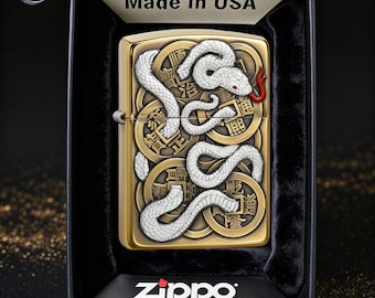 Lucky Coin Snake Zippo Lighter Gift for Him, Gold Detailed Zippo Collectible, Unique Mens Accessories Birthday Gift Idea