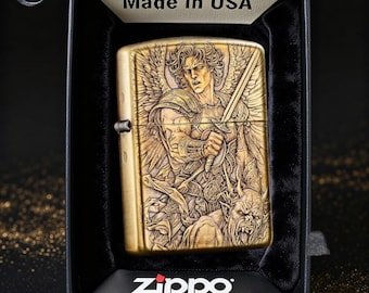 Gold Angel Warrior Metal Lighter Gift for Him, Sacred Guardian Sword Design Windproof Pocket Lighter Collectible Premium Statement Piece
