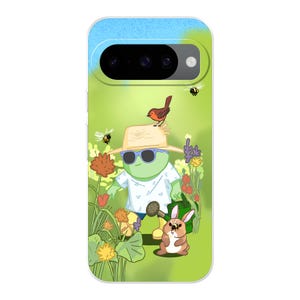 Könnte beinhalten: Eine Handyhülle mit einer grünen Figur, die einen Strohhut, eine blaue Sonnenbrille und ein weißes Hemd trägt und eine grüne Gießkanne in einem Garten hält. Ein brauner Hase, ein kleiner Vogel und mehrere Bienen sind zwischen Blumen abgebildet.