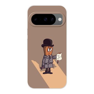 Könnte beinhalten: Eine hellbraune Smartphone-Hülle mit einer Cartoon-Illustration einer braunen, anthropomorphen Figur, die einen grauen Trenchcoat und eine schwarze Melone trägt und ein weißes Dokument mit rotem Siegel in einem Lichtstrahl hält.