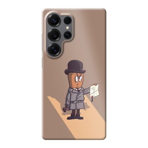 Könnte beinhalten: Eine hellbraune Smartphone-Hülle mit einer Cartoon-Illustration einer beigen, zylindrischen Figur, die einen dunkelgrauen Trenchcoat und eine schwarze Melone trägt und ein weißes Dokument mit rotem Siegel in einem Lichtstrahl hält.