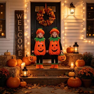 May include: Two children wearing matching orange pumpkin costumes with green collars and hats, each holding a small pumpkin-shaped treat bucket. The costumes feature a black jack-o'-lantern face and the names Olivia and Amelia embroidered on the chest.