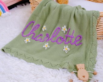 Personalized Crocheted Baby Blanket, Custom Baby Name Blanket, Flower Border Baby Gift, Newborn Shower Gift, Nursery Decor,Handmade Keepsake