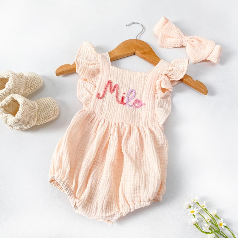 Baby Girl Embroidered Muslin Romper, Custom Name Ruffle Bubble Outfit ...