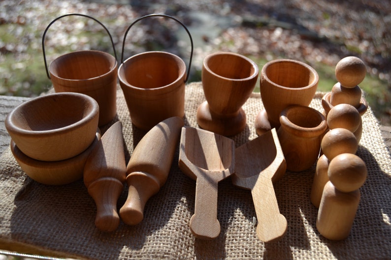 16 Piece Wooden Sensory Set Scoops, Buckets, Cups, Pots, Bowls and Pegs for Creative Sensory Play Sealed with Beeswax Polish image 4