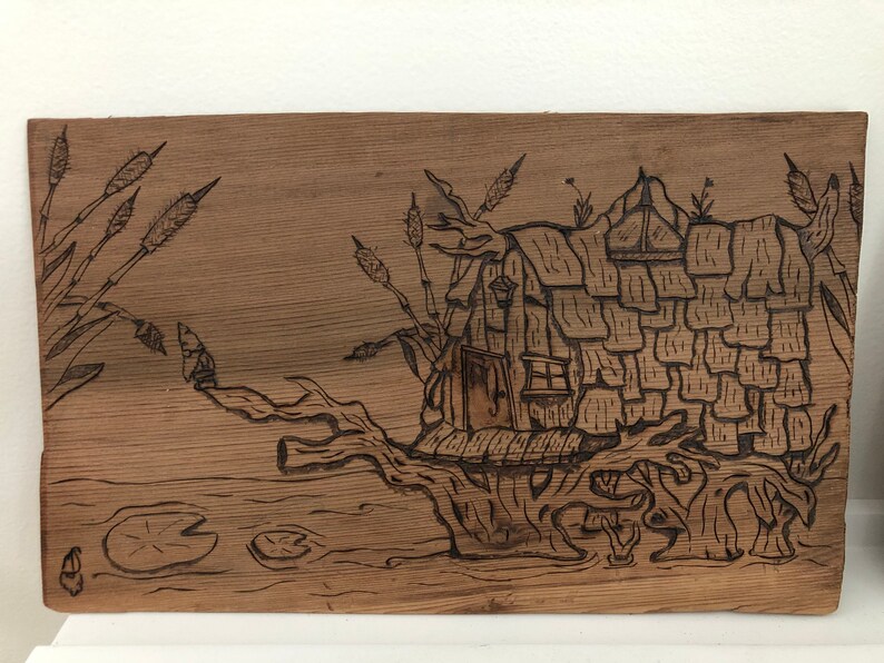 Wood Burned Whimsical Art Wooden Gnome Woodland Art Handmade Gnome Pond Cottage Wood Burning Artwork- Wood Burned Decoration