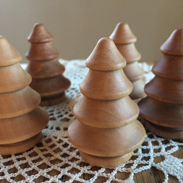 Wooden Trees - Set of 5 Small Natural Wood Trees- Sealed with Beeswax Polish - Waldorf and Nature Inspired Play - Wood Christmas Trees