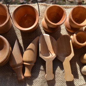 16 Piece Wooden Sensory Set Scoops, Buckets, Cups, Pots, Bowls and Pegs for Creative Sensory Play Sealed with Beeswax Polish image 5