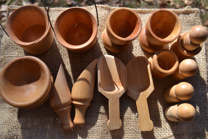 16 Piece Wooden Sensory Set Scoops, Buckets, Cups, Pots, Bowls and Pegs for Creative Sensory Play Sealed with Beeswax Polish image 5