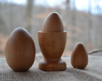 Natural Wooden Eggs (Large, Medium and Small) and Cup - Sealed with Beeswax Polish- Waldorf Inspired Pieces for Creative Learning & Play