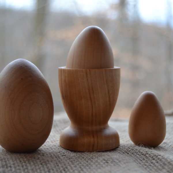 Natural Wooden Eggs (Large, Medium and Small) and Cup - Sealed with Beeswax Polish- Waldorf Inspired Pieces for Creative Learning & Play