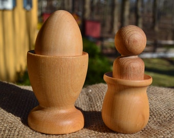 Classic Wooden Toy - The Essential Waldorf Pair - Egg and Peg (Peg Person) in Cups - Sealed with Beeswax Polish