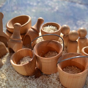 16 Piece Wooden Sensory Set Scoops, Buckets, Cups, Pots, Bowls and Pegs for Creative Sensory Play Sealed with Beeswax Polish image 2