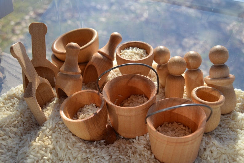 16 Piece Wooden Sensory Set Scoops, Buckets, Cups, Pots, Bowls and Pegs for Creative Sensory Play Sealed with Beeswax Polish image 2