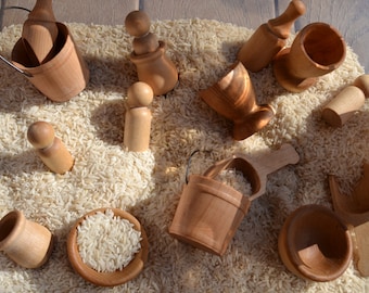 16 Piece Wooden Sensory Set - Scoops, Buckets, Cups, Pots, Bowls and Pegs for Creative Sensory Play - Sealed with Beeswax Polish