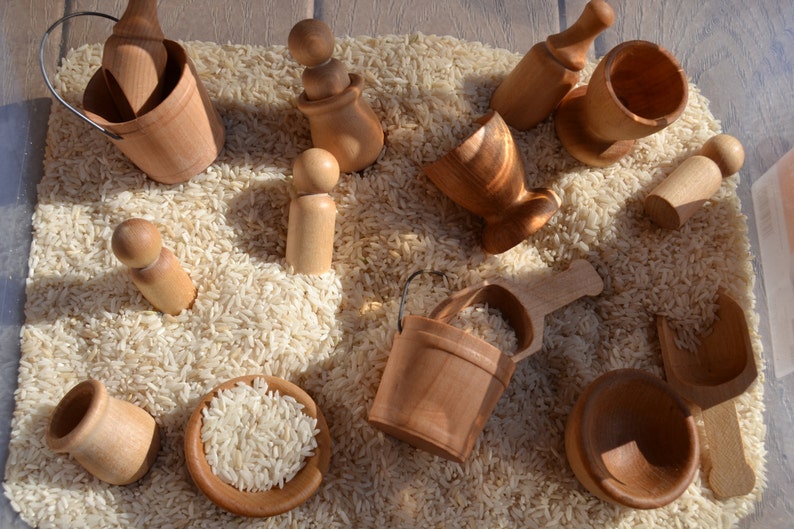 16 Piece Wooden Sensory Set Scoops, Buckets, Cups, Pots, Bowls and Pegs for Creative Sensory Play Sealed with Beeswax Polish image 1