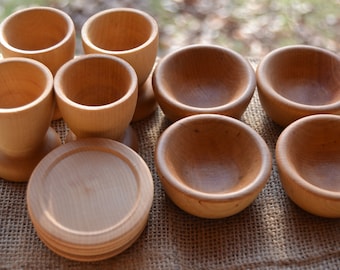 Wooden Play Dish Set - Wooden Bowls, Plates and Cups for the Waldorf Inspired Play Kitchen