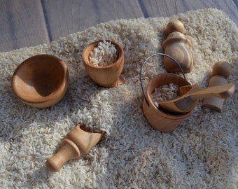 Wooden Sensory Set - Scoops, Bucket, Cup, Pot, Bowl and Pegs for Creative Sensory Play - 8 Pieces Sealed with Beeswax Polish