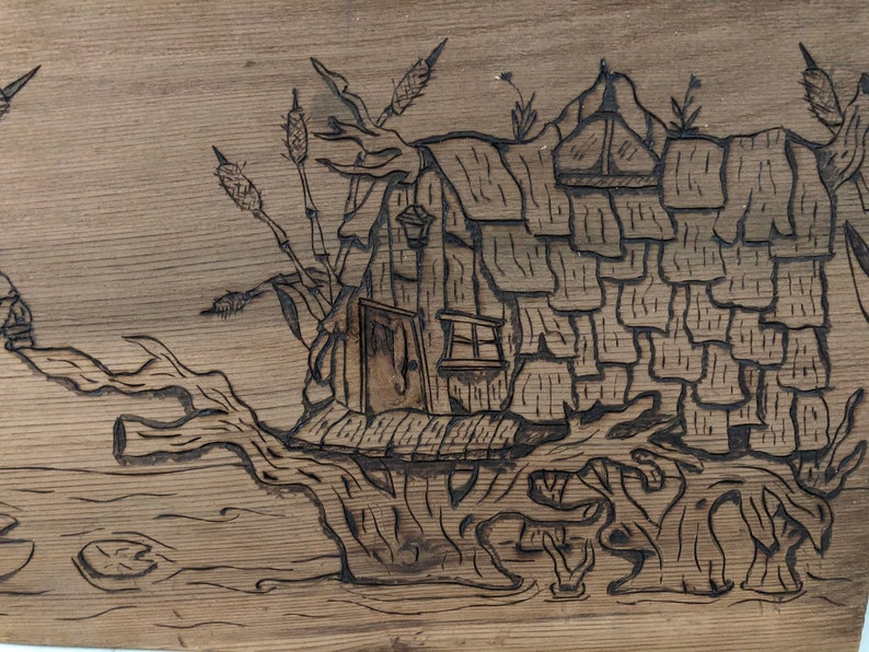 Wood Burned Whimsical Art Wooden Gnome Woodland Art Handmade Gnome Pond Cottage Wood Burning Artwork- Wood Burned Decoration