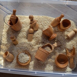 16 Piece Wooden Sensory Set Scoops, Buckets, Cups, Pots, Bowls and Pegs for Creative Sensory Play Sealed with Beeswax Polish image 3