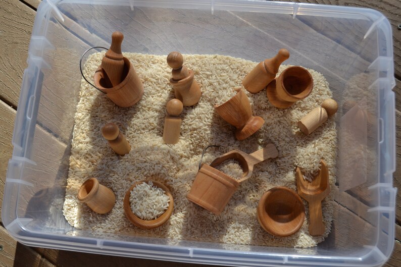 16 Piece Wooden Sensory Set Scoops, Buckets, Cups, Pots, Bowls and Pegs for Creative Sensory Play Sealed with Beeswax Polish image 3