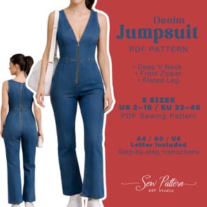 Könnte beinhalten: Ein ärmelloser Jeans-Jumpsuit mit tiefem V-Ausschnitt, Frontreißverschluss und ausgestelltem Bein. Das Bild zeigt die Vorder- und Rückseite des Jumpsuits. Der Text auf dem Bild lautet "Denim Jumpsuit PDF Pattern".
