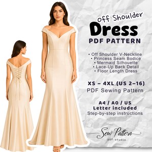 Off Shoulder Mermaid Dress Sewing Pattern, V-Neck, Lace-Up Back (PDF Download)