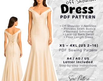 Off Shoulder Mermaid Dress Sewing Pattern, V-Neck, Lace-Up Back (PDF Download)