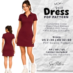 May include: A burgundy mini polo dress with a convertible collar and short fitted sleeves. The dress is made of stretch knit fabric and has a mini A-line silhouette. The image also includes the text "Mini Polo Dress PDF Pattern".