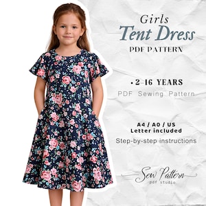 May include: A young girl wearing a navy blue tent dress with a floral pattern of pink and blue flowers. The dress has short sleeves and pockets. Text on the image reads "Girls Tent Dress PDF Pattern" and "2-16 YEARS".