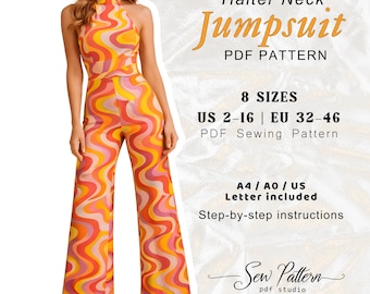 Mönster för halterneckjumpsuit med vida ben – stickat tyg i ett stycke (PDF-nedladdning)