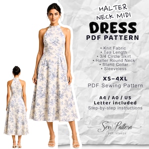 May include: A sleeveless midi dress with a halter round neck and stand collar, featuring a blue and white toile print. The PDF sewing pattern includes sizes XS-4XL, tea length, and a 3/4 circle skirt for knit fabric, with A4, A0, and US Letter formats.