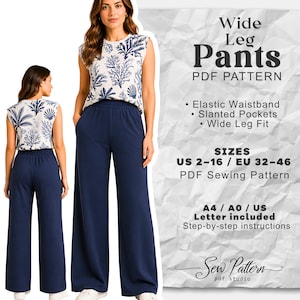 Può includere: Una donna modella pantaloni a gamba larga blu navy e un top senza maniche con un motivo floreale blu su sfondo bianco. L'immagine include il testo "Wide Leg Pants PDF Pattern" e informazioni sulle taglie.