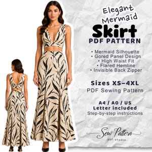 May include: A two-piece outfit consisting of a sleeveless crop top and a high-waisted mermaid skirt, both featuring a beige fabric with a black leaf print. Text includes Elegant Mermaid Skirt PDF Pattern, Sizes XS-4XL, and A4/A0/US Letter included.