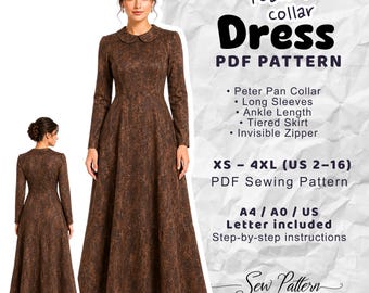 Peter Pan Collar Maxi Dress Sewing Pattern, Long Sleeve A-Line PDF (Digital Download)