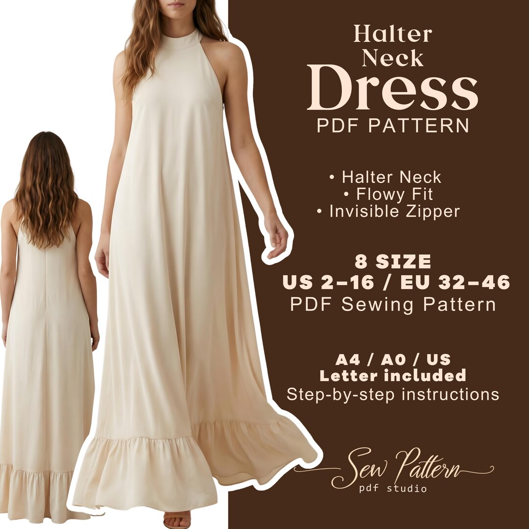 Halter Neck Maxi Dress Sewing Pattern | Flowy Ruffle Tent Style (PDF ...