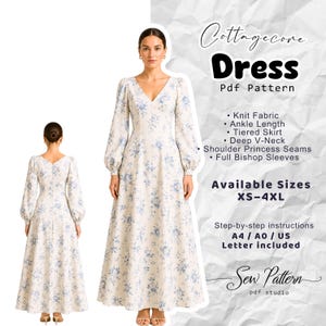 Puede incluir: Un patrón de costura en PDF para un vestido largo hasta el tobillo con cuello en V profundo, costuras de princesa en los hombros y mangas obispo completas. El vestido tiene un estampado floral azul sobre fondo crema. Texto: Cottagecore Dress.