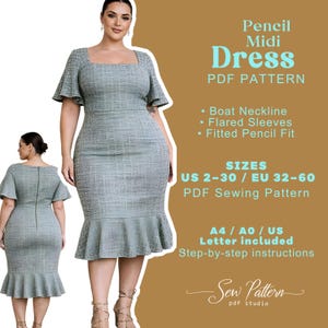 Pode incluir: Vestido midi lápis verde claro com decote barco, mangas flare e corte lápis ajustado. O vestido é mostrado em uma modelo e inclui um padrão de costura PDF com tamanhos US 2-30 e EU 32-60. O padrão inclui instruções.