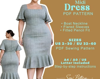 Pencil Midi Dress Sewing Pattern – Boat Neck, Flared Sleeves (Digital Download)