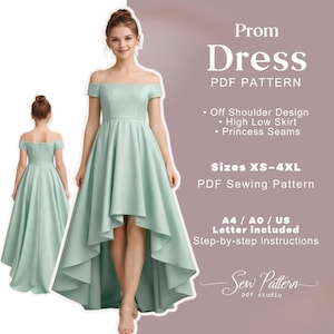 Puede incluir: Un vestido de graduación verde menta con hombros descubiertos, falda asimétrica y costuras princesa. La imagen incluye el texto "Prom Dress PDF Pattern" y detalles sobre tallas e instrucciones.