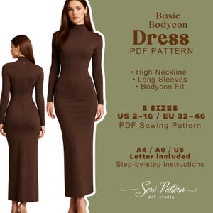 Peut inclure: Une robe moulante marron avec un col montant et des manches longues est présentée. L'image contient le texte "Basic Bodycon Dress PDF Pattern" et des détails sur les caractéristiques et les tailles du patron.