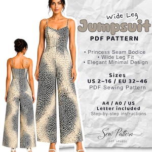 May include: A wide-leg jumpsuit PDF pattern with a princess seam bodice and elegant minimal design. The pattern includes sizes US 2-16 and EU 32-46. The image shows the front and back of the jumpsuit in a black and beige animal print.