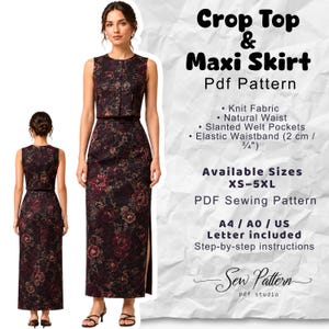 May include: A crop top and maxi skirt PDF sewing pattern featuring a dark floral print. The text includes Crop Top & Maxi Skirt, Pdf Pattern, Knit Fabric, Natural Waist, Slanted Welt Pockets, Elastic Waistband (2 cm / 3/4"), XS-5XL, A4 / A0 / US Letter included.