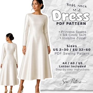 Puede incluir: Un vestido midi color crema con mangas largas y cuello barco, mostrado en una modelo. El vestido presenta costuras princesa, una falda de 3/4 de círculo y una cremallera invisible. El texto en la imagen dice "Boat Neck Midi Dress PDF Pattern" y detalles de tallas.