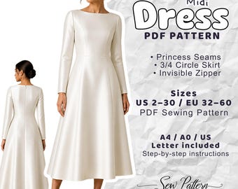 A-Line Midi Dress Sewing Pattern: Boat Neck, Princess Seams, Long Sleeve (Digital Download)