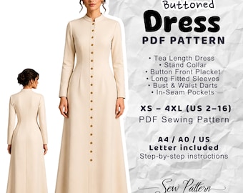 Modest Midi Dress Sewing Pattern | Long Sleeve Button Front PDF