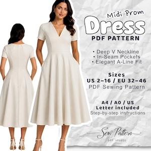 Peut inclure: Patron PDF d'une robe de bal midi ivoire avec un décolleté en V profond, des poches dans les coutures et une coupe trapèze élégante. Tailles US 2-16 / EU 32-46. Instructions incluses. Le texte de l'image dit "Midi Prom Dress PDF Pattern".