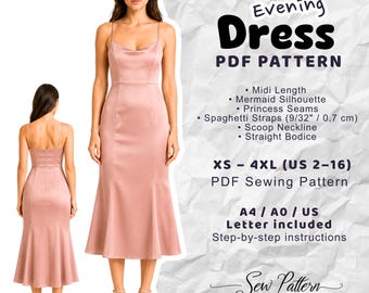 Midi Evening Dress Sewing Pattern, Mermaid Satin Cocktail Dress (PDF Download)