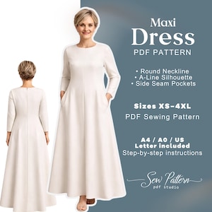 Patron de couture de robe longue : PDF élégant à manches longues (téléchargement numérique)