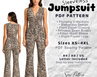 Mönster för ärmlös jumpsuit, V-ringning, dragkedja fram, prinsessömmar (PDF-nedladdning)